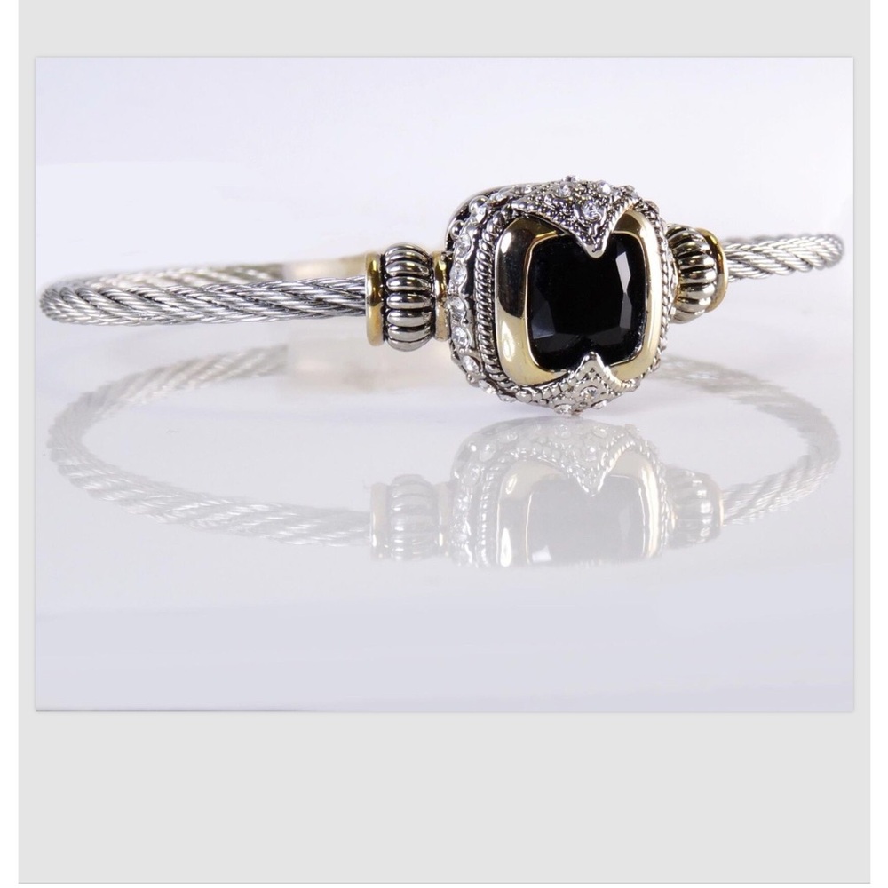Designer Cubic Zirconia Jet Black Silver Gold Cable Magnetic Cuff Bracelet